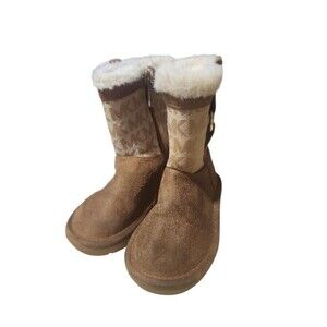 Michael Kors Girls Yancy Boots Size 6 Brown Cream Faux Fur Logo Winter Zip